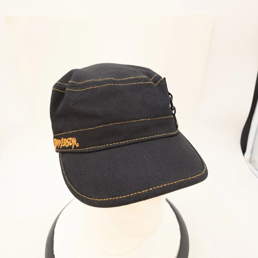 Harley Davidson Mens Black Canvas Military Cadet Hat Orange Contrast Stitching